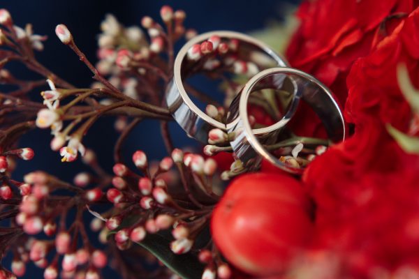 Classic white gold wedding rings on red bouquet, horizontal close-up macro shot.